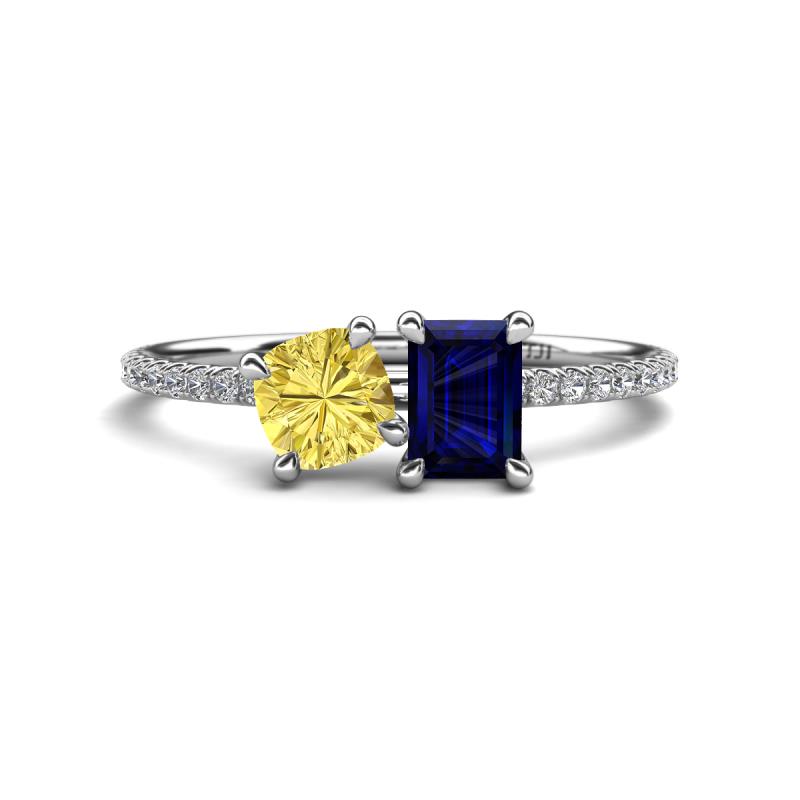 Elyse 6.00 mm Cushion Shape Lab Created Yellow Sapphire and 7x5 mm Emerald Shape Lab Created Blue Sapphire 2 Stone Duo Ring 