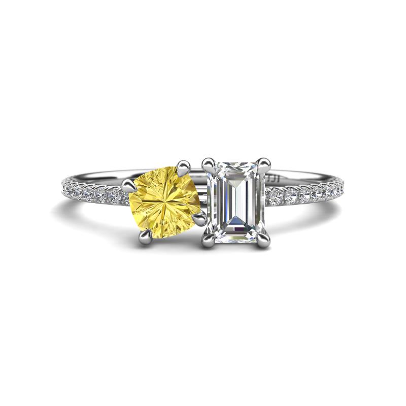Elyse 6.00 mm Cushion Shape Lab Created Yellow Sapphire and 7x5 mm Emerald Shape Forever Brilliant Moissanite 2 Stone Duo Ring 