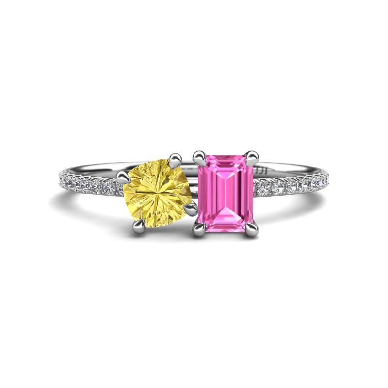 Elyse 6.00 mm Cushion Shape Lab Created Yellow Sapphire and 7x5 mm Emerald Shape Lab Created Pink Sapphire 2 Stone Duo Ring 