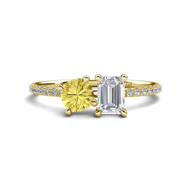 Elyse 6.00 mm Cushion Shape Lab Created Yellow Sapphire and 7x5 mm Emerald Shape White Sapphire 2 Stone Duo Ring 