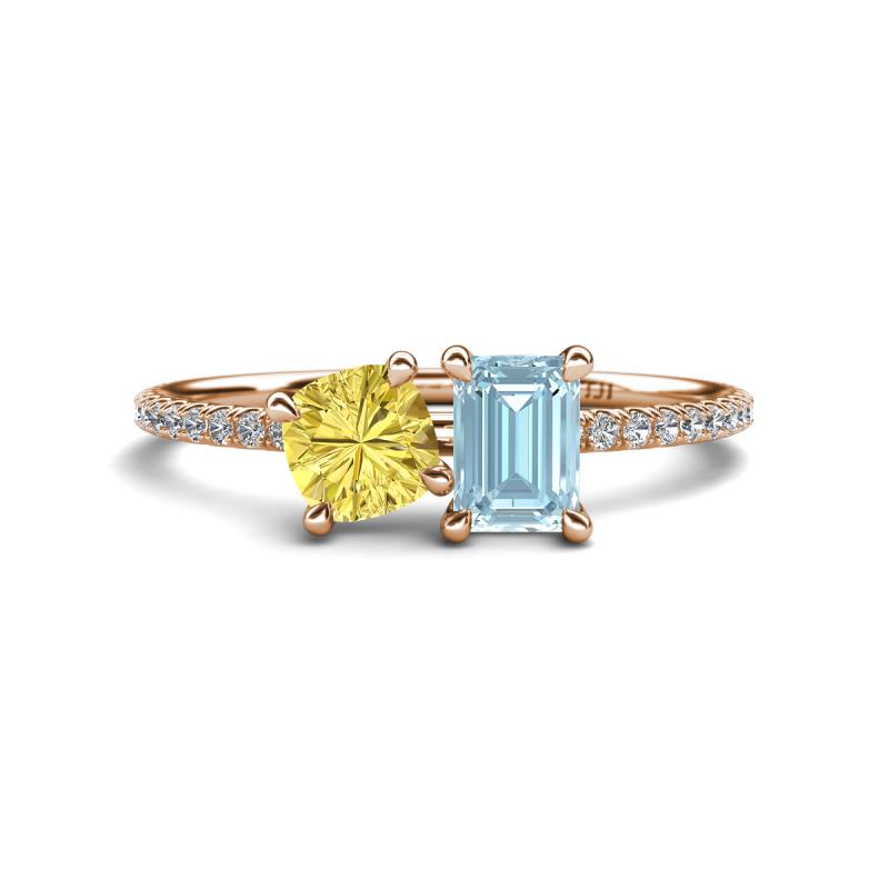 Elyse 6.00 mm Cushion Shape Lab Created Yellow Sapphire and 7x5 mm Emerald Shape Aquamarine 2 Stone Duo Ring 