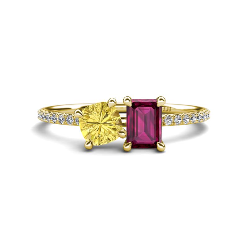 Elyse 6.00 mm Cushion Shape Lab Created Yellow Sapphire and 7x5 mm Emerald Shape Rhodolite Garnet 2 Stone Duo Ring 