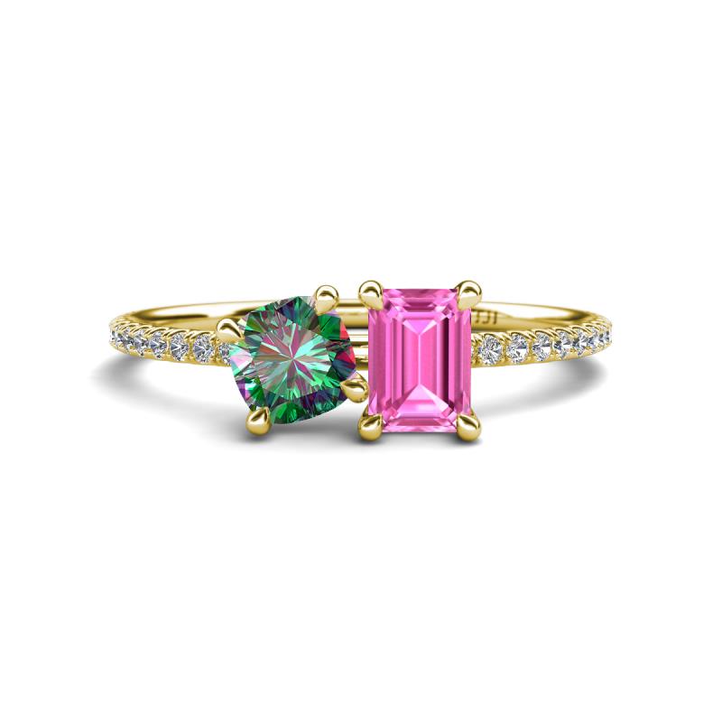 Elyse 6.00 mm Cushion Shape Lab Created Alexandrite and 7x5 mm Emerald Shape Lab Created Pink Sapphire 2 Stone Duo Ring 