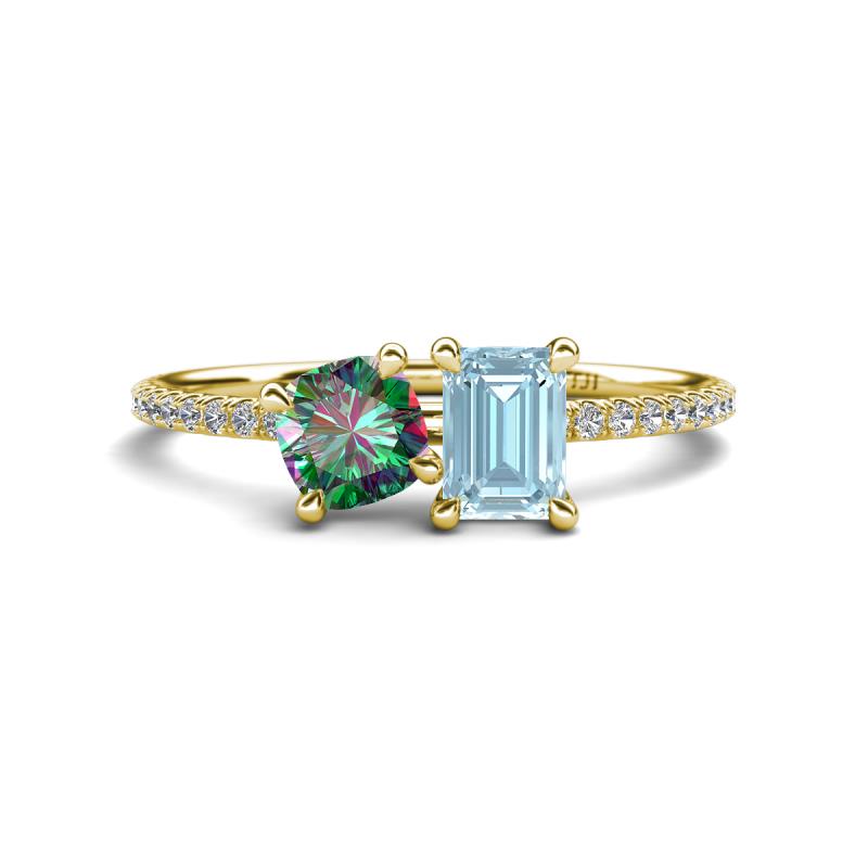Elyse 6.00 mm Cushion Shape Lab Created Alexandrite and 7x5 mm Emerald Shape Aquamarine 2 Stone Duo Ring 