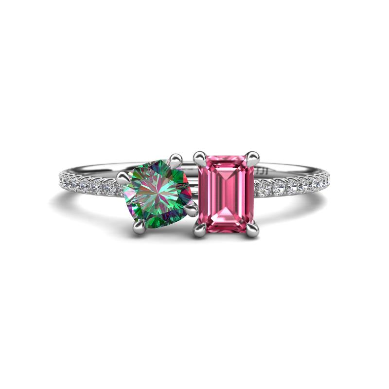 Elyse 6.00 mm Cushion Shape Lab Created Alexandrite and 7x5 mm Emerald Shape Pink Tourmaline 2 Stone Duo Ring 