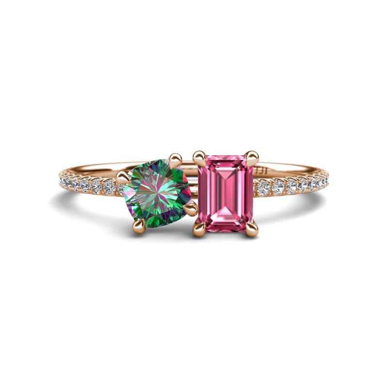 Elyse 6.00 mm Cushion Shape Lab Created Alexandrite and 7x5 mm Emerald Shape Pink Tourmaline 2 Stone Duo Ring 