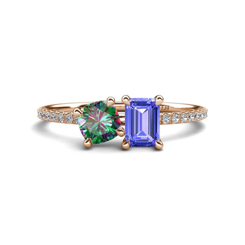 Elyse 6.00 mm Cushion Shape Lab Created Alexandrite and 7x5 mm Emerald Shape Tanzanite 2 Stone Duo Ring 