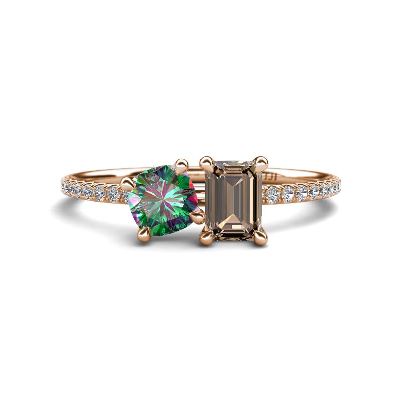 Elyse 6.00 mm Cushion Shape Lab Created Alexandrite and 7x5 mm Emerald Shape Smoky Quartz 2 Stone Duo Ring 