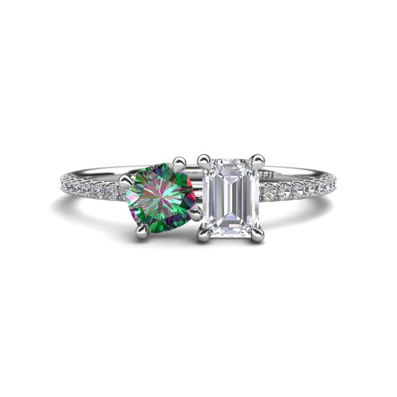 Elyse 6.00 mm Cushion Shape Lab Created Alexandrite and 7x5 mm Emerald Shape White Sapphire 2 Stone Duo Ring 