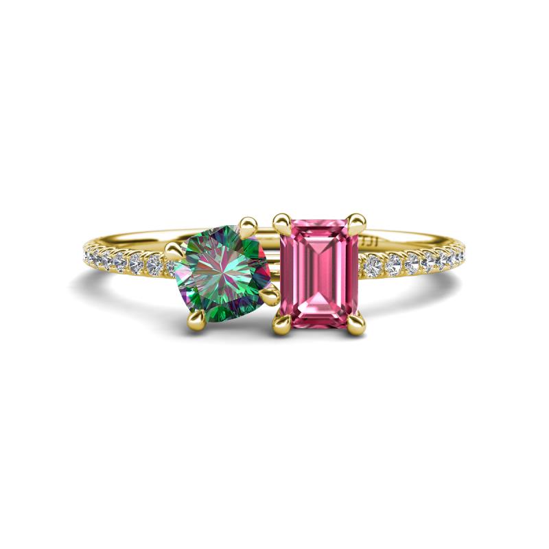 Elyse 6.00 mm Cushion Shape Lab Created Alexandrite and 7x5 mm Emerald Shape Pink Tourmaline 2 Stone Duo Ring 