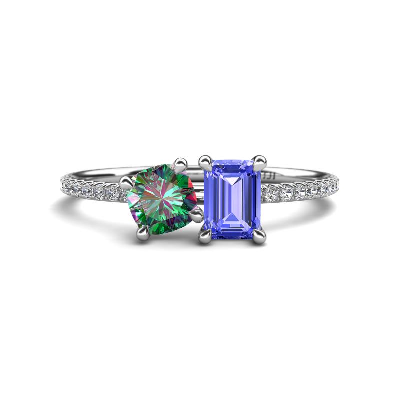 Elyse 6.00 mm Cushion Shape Lab Created Alexandrite and 7x5 mm Emerald Shape Tanzanite 2 Stone Duo Ring 