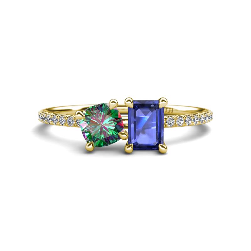 Elyse 6.00 mm Cushion Shape Lab Created Alexandrite and 7x5 mm Emerald Shape Iolite 2 Stone Duo Ring 
