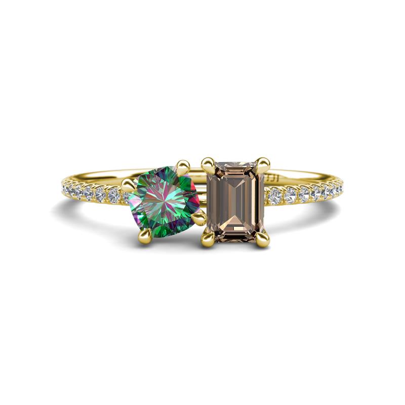 Elyse 6.00 mm Cushion Shape Lab Created Alexandrite and 7x5 mm Emerald Shape Smoky Quartz 2 Stone Duo Ring 