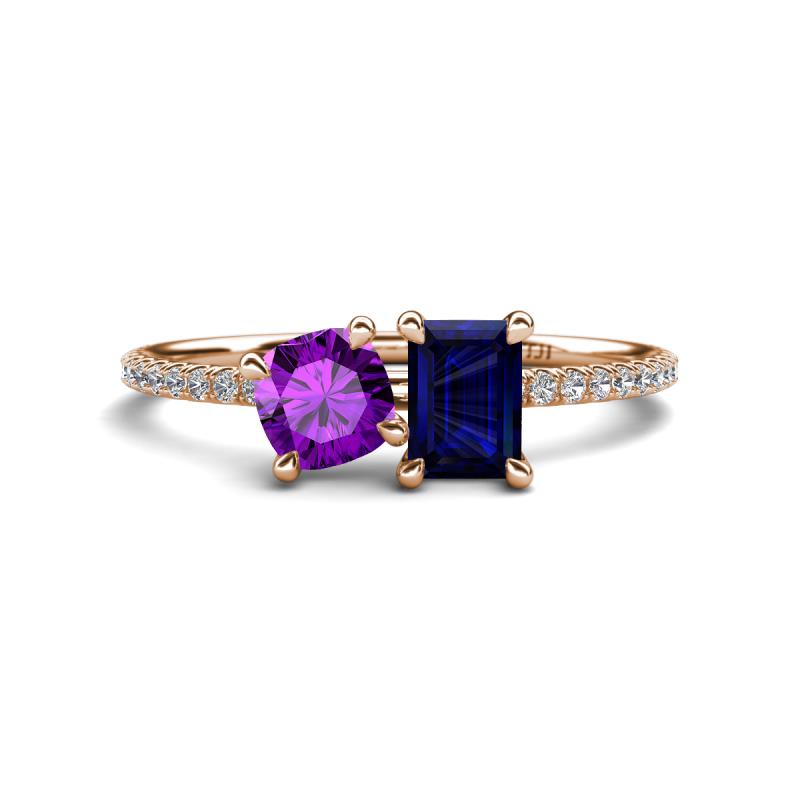 Elyse 6.00 mm Cushion Shape Amethyst and 7x5 mm Emerald Shape Lab Created Blue Sapphire 2 Stone Duo Ring 