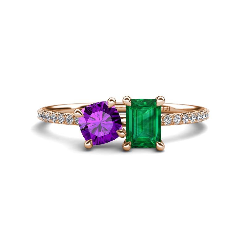 Elyse 6.00 mm Cushion Shape Amethyst and 7x5 mm Emerald Shape Lab Created Emerald 2 Stone Duo Ring 