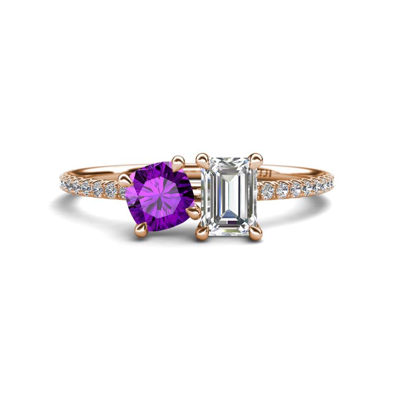 Elyse 6.00 mm Cushion Shape Amethyst and 7x5 mm Emerald Shape Forever One Moissanite 2 Stone Duo Ring 