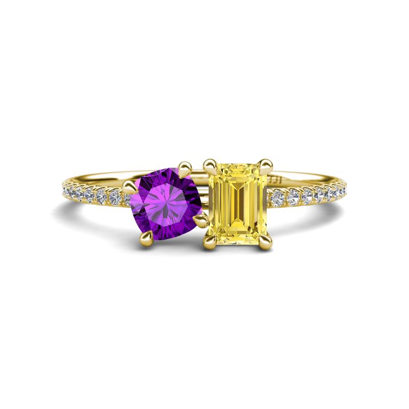 Elyse 6.00 mm Cushion Shape Amethyst and 7x5 mm Emerald Shape Lab Created Yellow Sapphire 2 Stone Duo Ring 