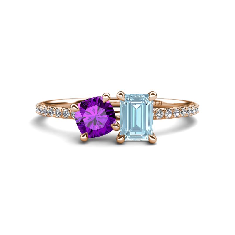 Elyse 6.00 mm Cushion Shape Amethyst and 7x5 mm Emerald Shape Aquamarine 2 Stone Duo Ring 