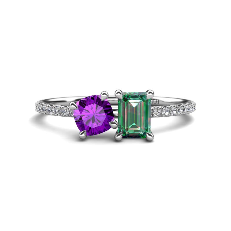 Elyse 6.00 mm Cushion Shape Amethyst and 7x5 mm Emerald Shape Lab Created Alexandrite 2 Stone Duo Ring 
