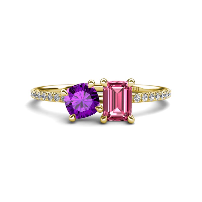 Elyse 6.00 mm Cushion Shape Amethyst and 7x5 mm Emerald Shape Pink Tourmaline 2 Stone Duo Ring 