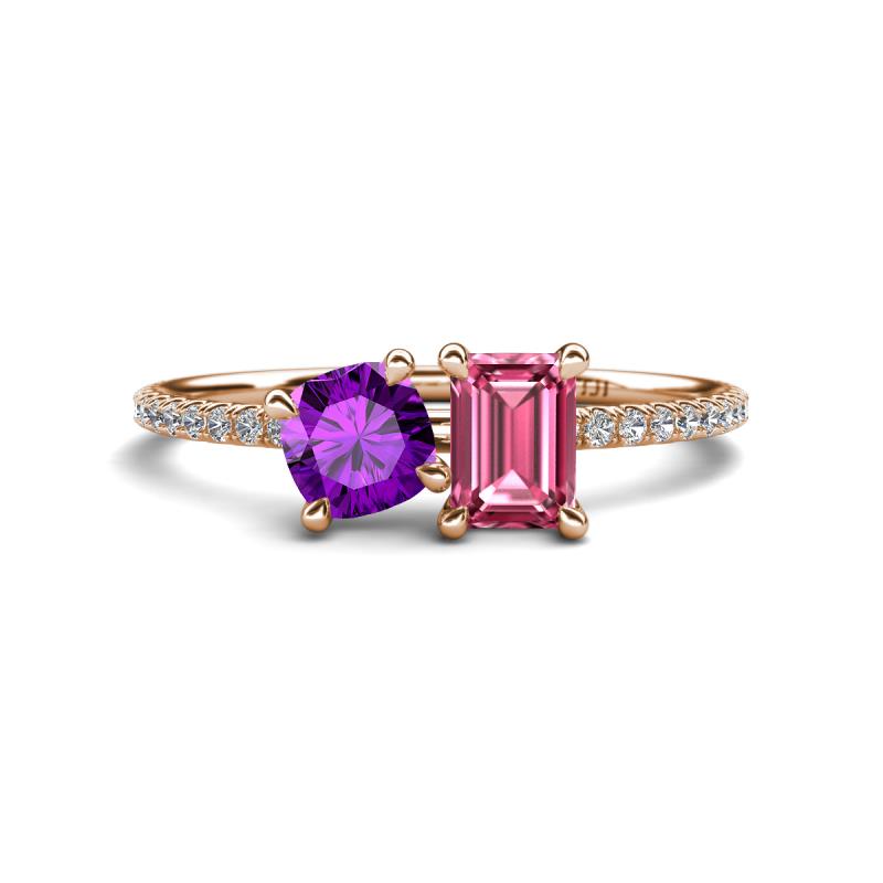 Elyse 6.00 mm Cushion Shape Amethyst and 7x5 mm Emerald Shape Pink Tourmaline 2 Stone Duo Ring 