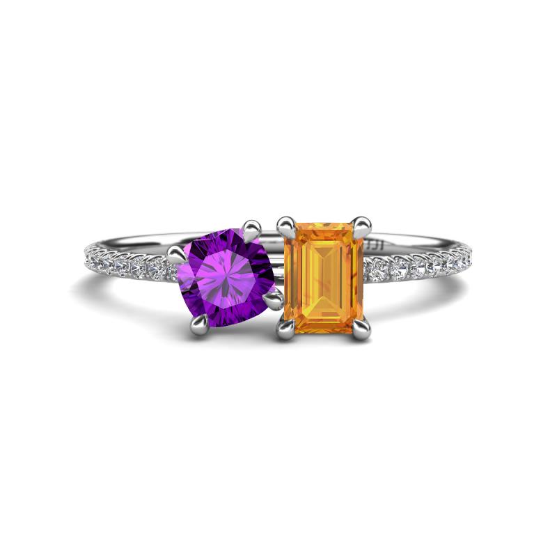 Elyse 6.00 mm Cushion Shape Amethyst and 7x5 mm Emerald Shape Citrine 2 Stone Duo Ring 