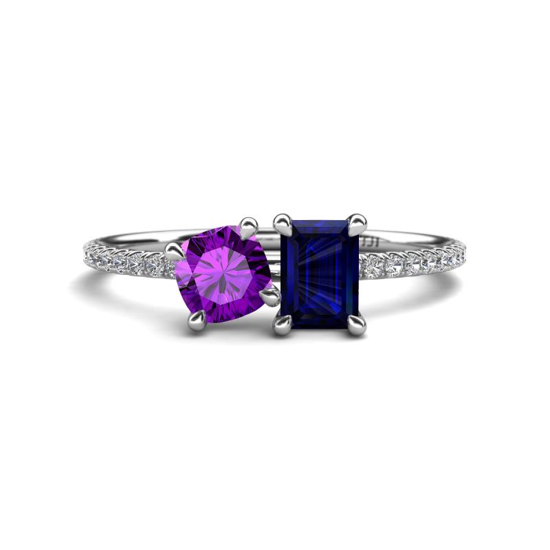 Elyse 6.00 mm Cushion Shape Amethyst and 7x5 mm Emerald Shape Lab Created Blue Sapphire 2 Stone Duo Ring 