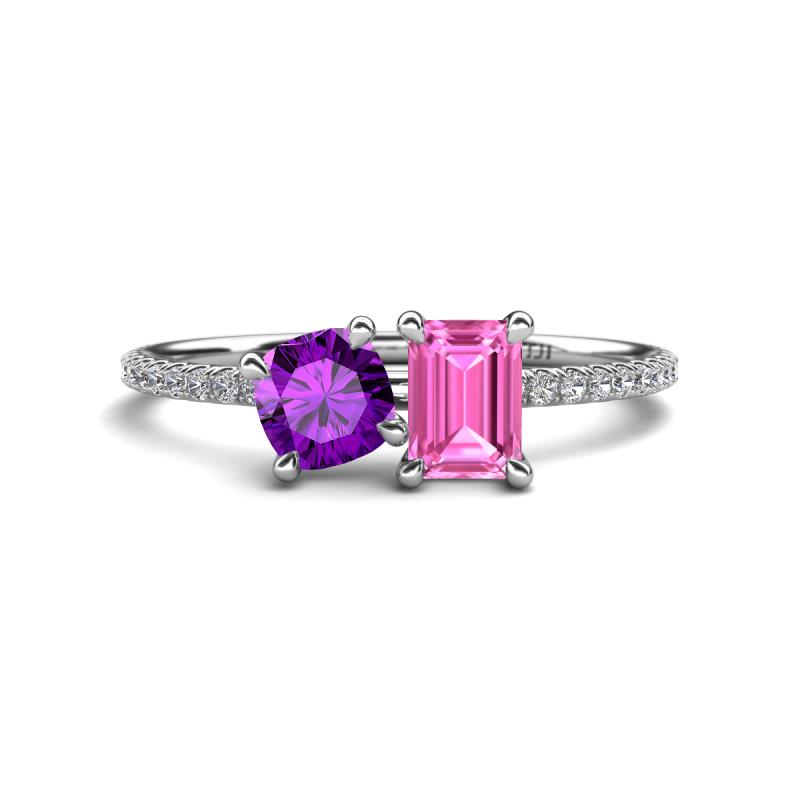 Elyse 6.00 mm Cushion Shape Amethyst and 7x5 mm Emerald Shape Lab Created Pink Sapphire 2 Stone Duo Ring 