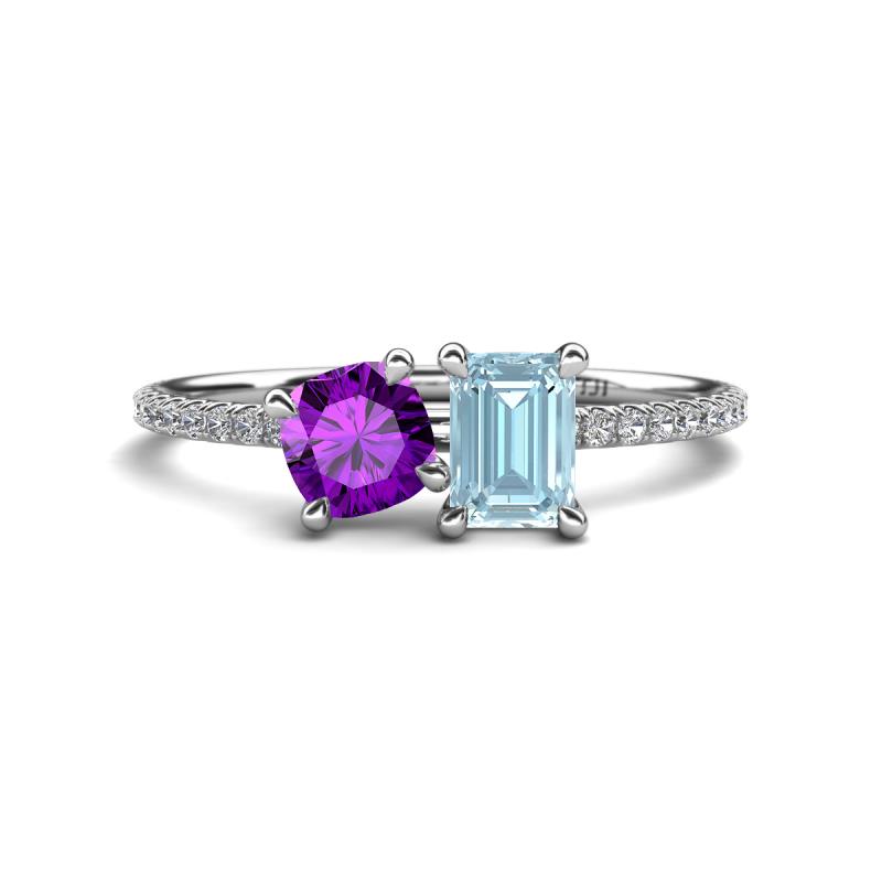 Elyse 6.00 mm Cushion Shape Amethyst and 7x5 mm Emerald Shape Aquamarine 2 Stone Duo Ring 