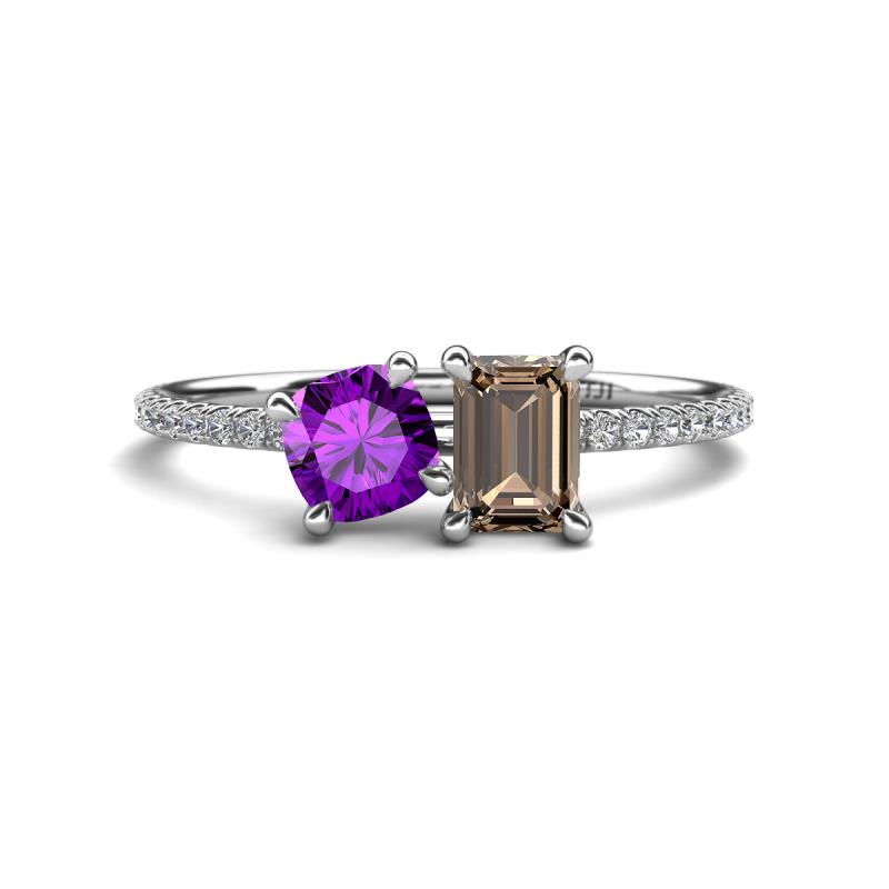 Elyse 6.00 mm Cushion Shape Amethyst and 7x5 mm Emerald Shape Smoky Quartz 2 Stone Duo Ring 