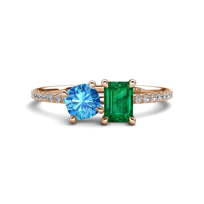 Elyse 6.00 mm Cushion Shape Blue Topaz and 7x5 mm Emerald Shape Lab Created Emerald 2 Stone Duo Ring 