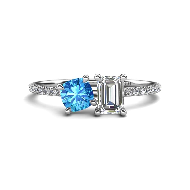 Elyse 6.00 mm Cushion Shape Blue Topaz and IGI Certified 7x5 mm Emerald Shape Lab Grown Diamond 2 Stone Duo Ring 