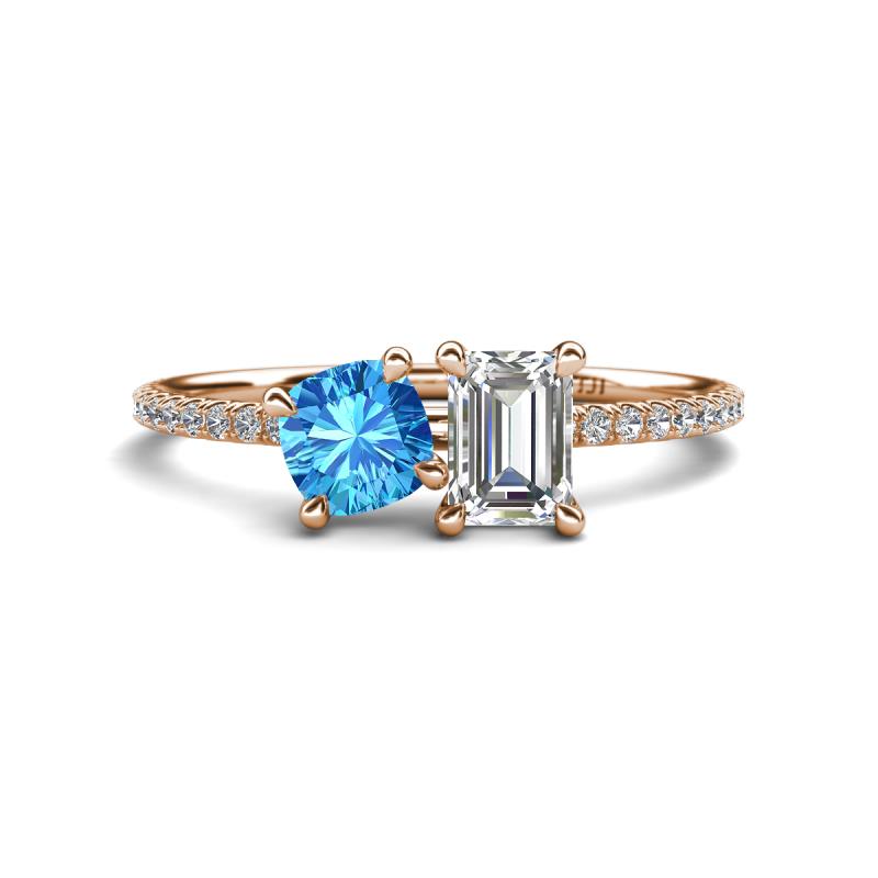 Elyse 6.00 mm Cushion Shape Blue Topaz and IGI Certified 7x5 mm Emerald Shape Lab Grown Diamond 2 Stone Duo Ring 