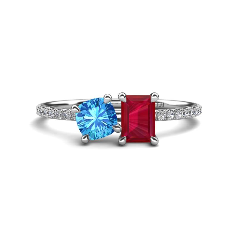 Elyse 6.00 mm Cushion Shape Blue Topaz and 7x5 mm Emerald Shape Lab Created Ruby 2 Stone Duo Ring 