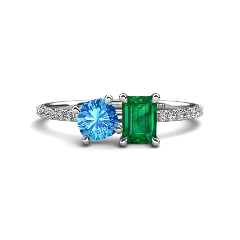 Elyse 6.00 mm Cushion Shape Blue Topaz and 7x5 mm Emerald Shape Lab Created Emerald 2 Stone Duo Ring 