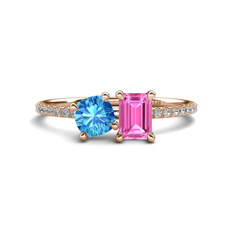 Elyse 6.00 mm Cushion Shape Blue Topaz and 7x5 mm Emerald Shape Lab Created Pink Sapphire 2 Stone Duo Ring 