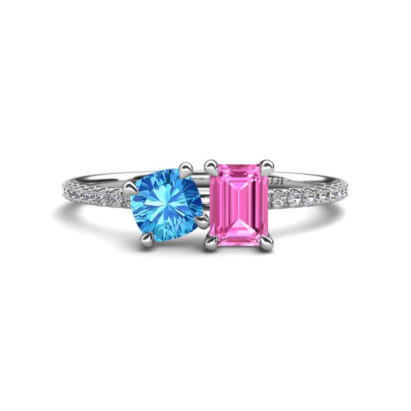 Elyse 6.00 mm Cushion Shape Blue Topaz and 7x5 mm Emerald Shape Lab Created Pink Sapphire 2 Stone Duo Ring 