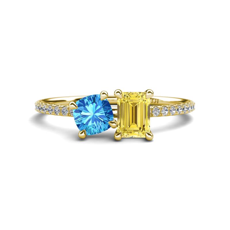 Elyse 6.00 mm Cushion Shape Blue Topaz and 7x5 mm Emerald Shape Lab Created Yellow Sapphire 2 Stone Duo Ring 