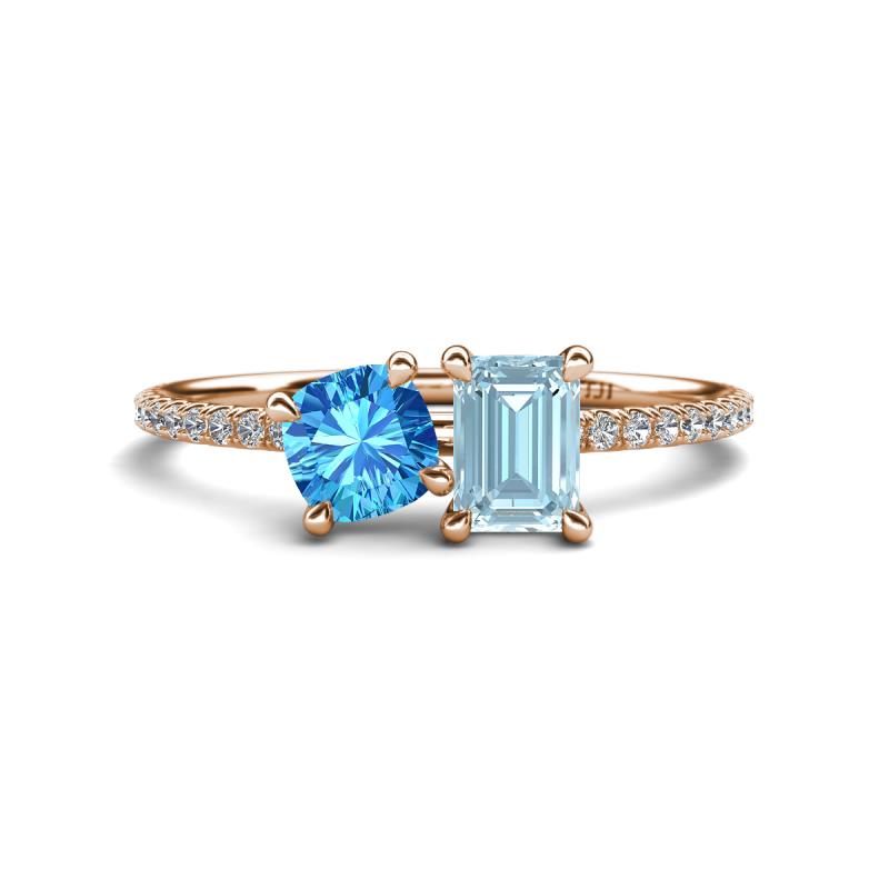 Elyse 6.00 mm Cushion Shape Blue Topaz and 7x5 mm Emerald Shape Aquamarine 2 Stone Duo Ring 