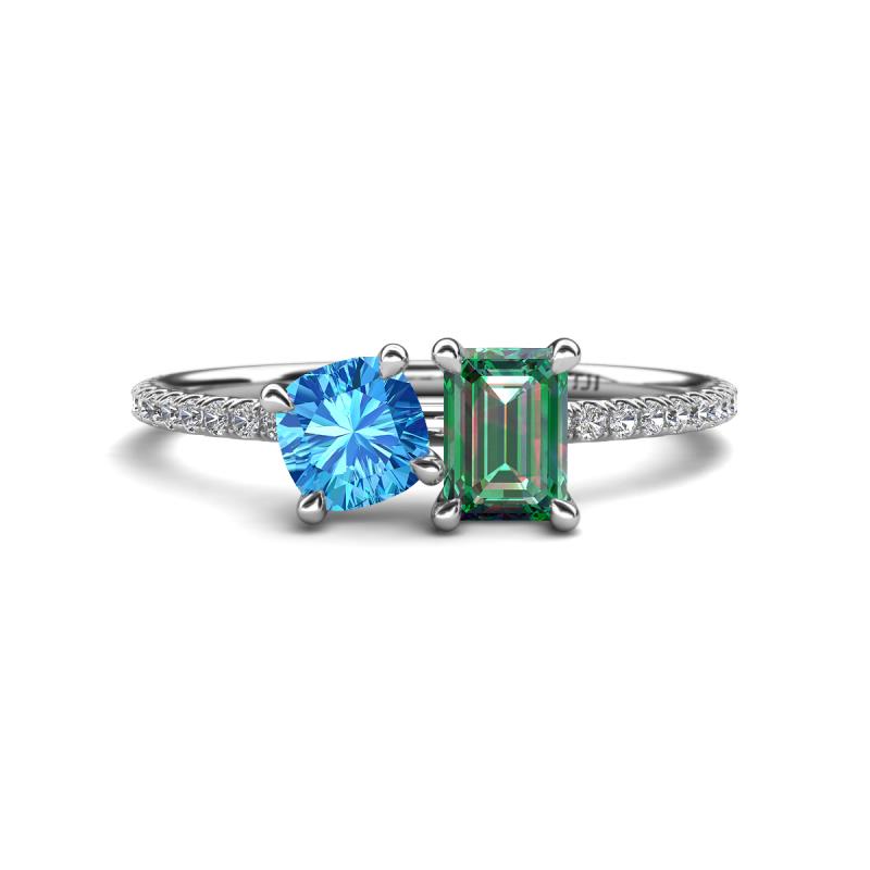 Elyse 6.00 mm Cushion Shape Blue Topaz and 7x5 mm Emerald Shape Lab Created Alexandrite 2 Stone Duo Ring 