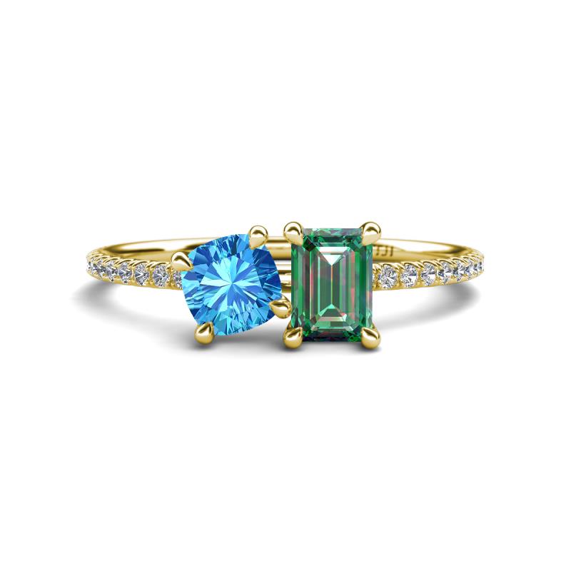 Elyse 6.00 mm Cushion Shape Blue Topaz and 7x5 mm Emerald Shape Lab Created Alexandrite 2 Stone Duo Ring 