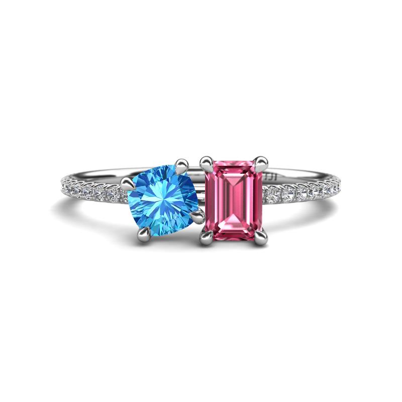 Elyse 6.00 mm Cushion Shape Blue Topaz and 7x5 mm Emerald Shape Pink Tourmaline 2 Stone Duo Ring 