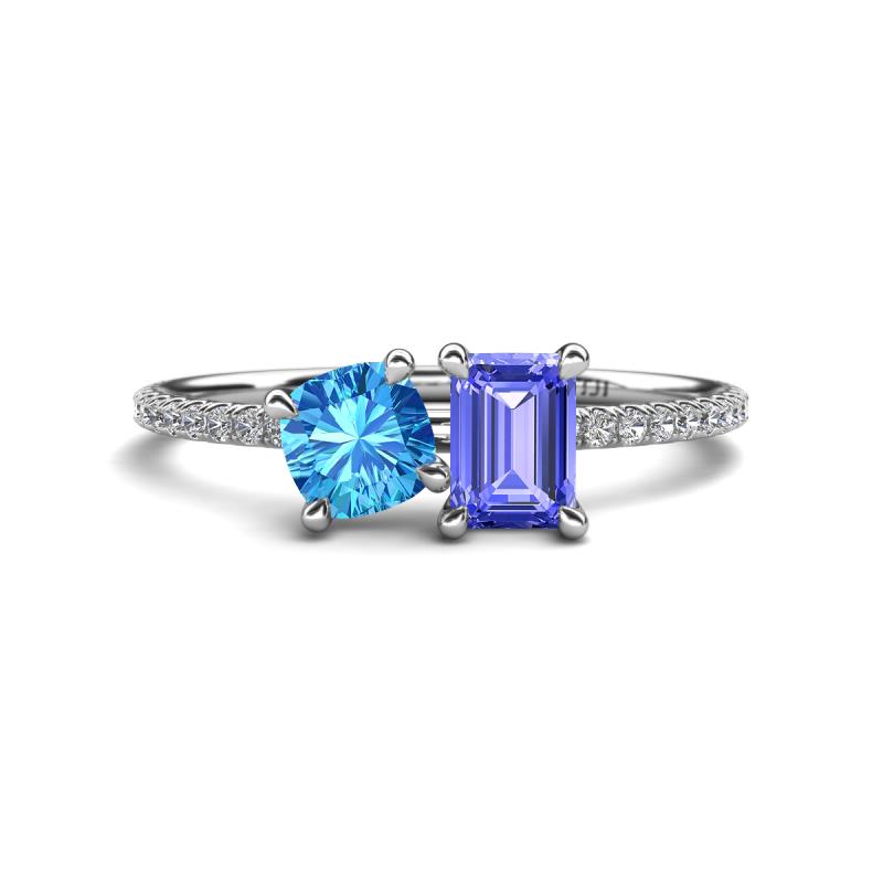 Elyse 6.00 mm Cushion Shape Blue Topaz and 7x5 mm Emerald Shape Tanzanite 2 Stone Duo Ring 