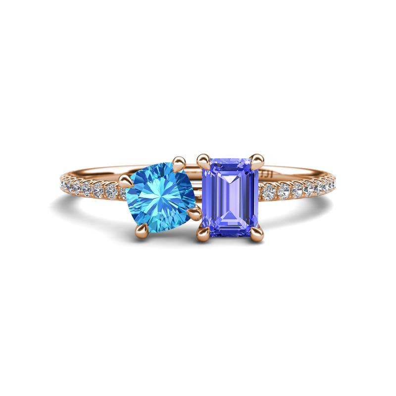 Elyse 6.00 mm Cushion Shape Blue Topaz and 7x5 mm Emerald Shape Tanzanite 2 Stone Duo Ring 