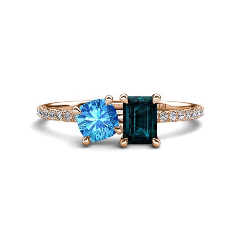 Elyse 6.00 mm Cushion Shape Blue Topaz and 7x5 mm Emerald Shape London Blue Topaz 2 Stone Duo Ring 