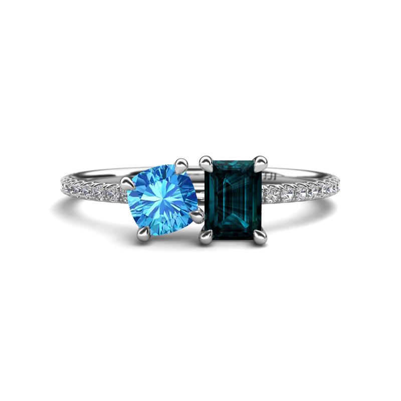Elyse 6.00 mm Cushion Shape Blue Topaz and 7x5 mm Emerald Shape London Blue Topaz 2 Stone Duo Ring 