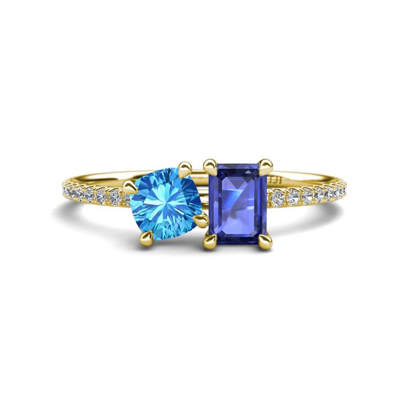 Elyse 6.00 mm Cushion Shape Blue Topaz and 7x5 mm Emerald Shape Iolite 2 Stone Duo Ring 