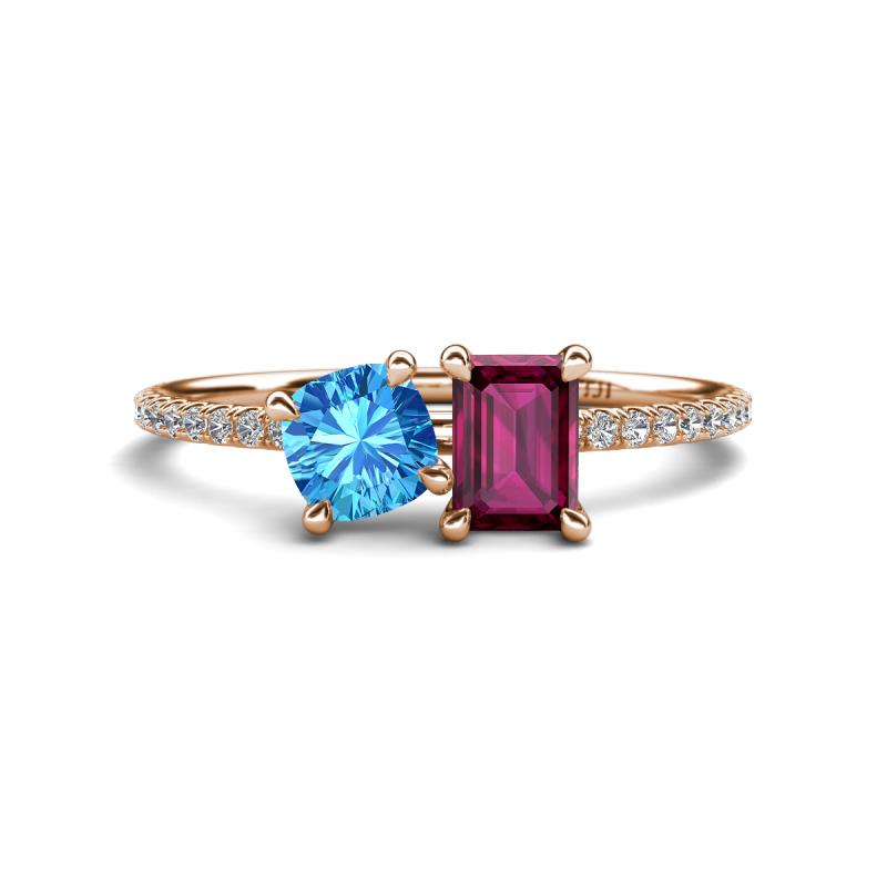 Elyse 6.00 mm Cushion Shape Blue Topaz and 7x5 mm Emerald Shape Rhodolite Garnet 2 Stone Duo Ring 