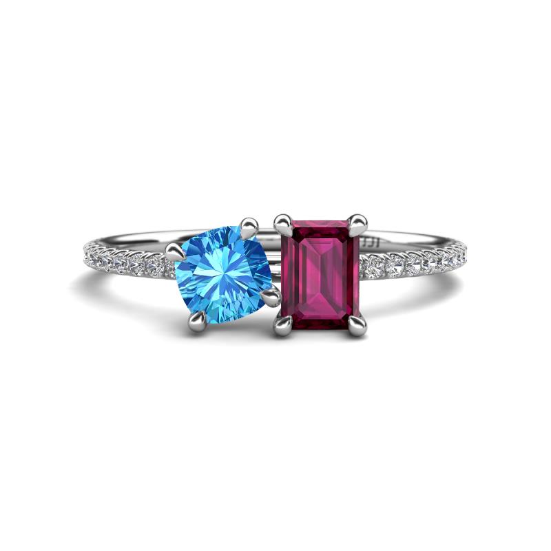 Elyse 6.00 mm Cushion Shape Blue Topaz and 7x5 mm Emerald Shape Rhodolite Garnet 2 Stone Duo Ring 
