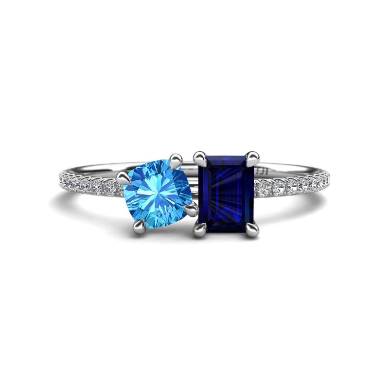 Elyse 6.00 mm Cushion Shape Blue Topaz and 7x5 mm Emerald Shape Lab Created Blue Sapphire 2 Stone Duo Ring 